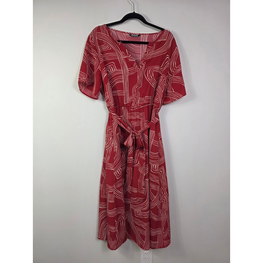BloomChic Abstract Print V-Neck Belted Midi Dress Size 14/16 Red Cream